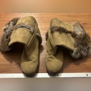 Coach Deeann signature embossed suede boots rabbit fur trim Woman 9M In Box